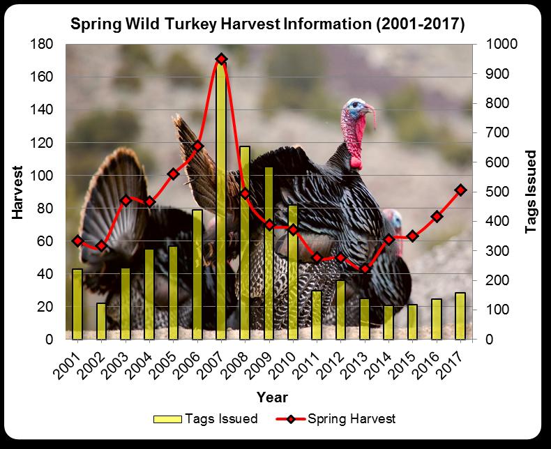 SUMMARY OF STATEWIDE TURKEY HARVEST 2001-2017 Year Harvest Tags Issued Hunter Effort (days) Spring Fall Spring Fall Spring Fall 2001 60 17 239 57 No Data No Data 2002 57 4 124 65 No Data No Data 2003