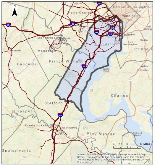 Primary project study area extends from the southern terminus of the I-95 Express Lanes (at Garrisonville Road) north to the Potomac River and includes: Parallel commuting corridors Various modes of