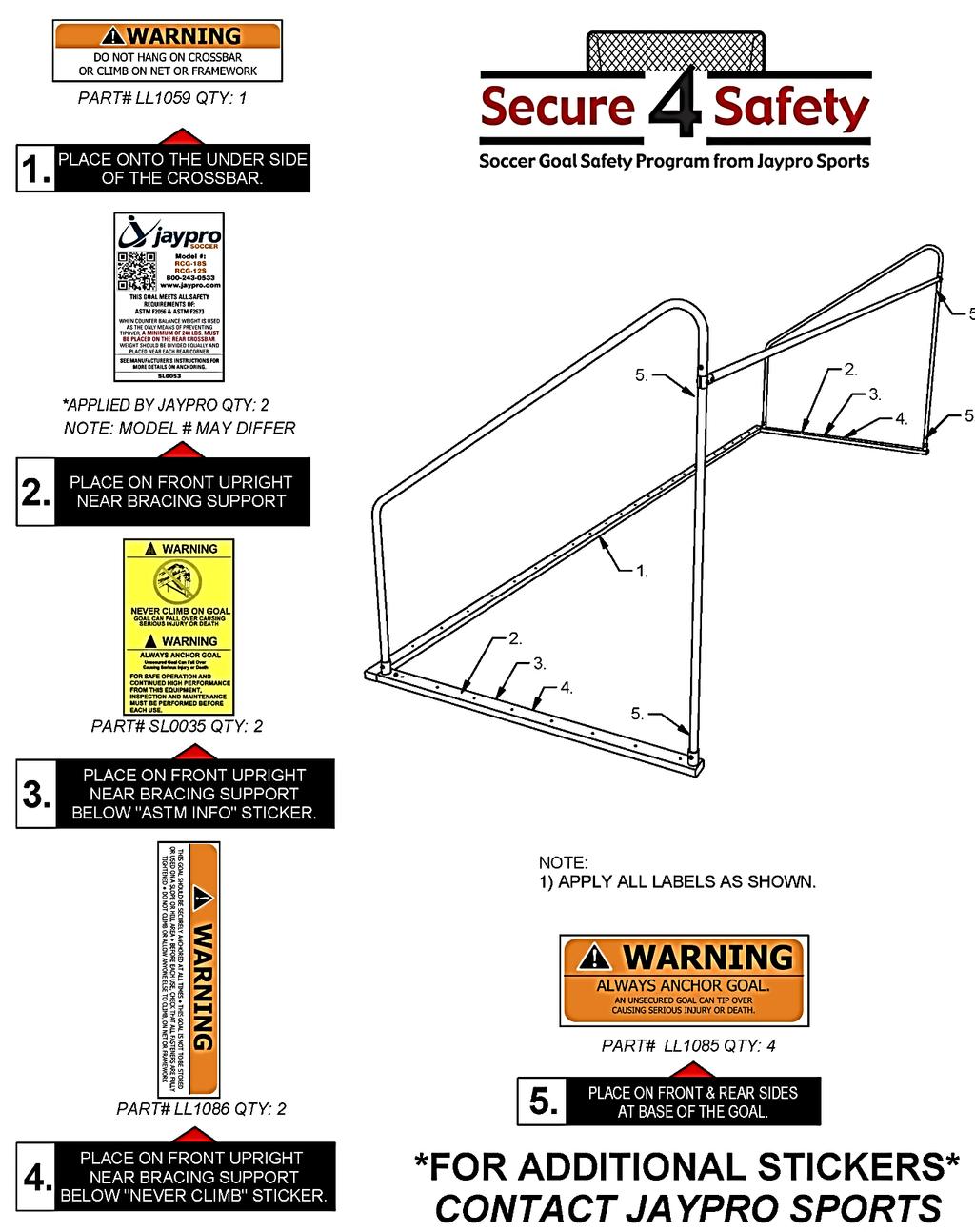 Safety / Warning Labels: Safety and Warning labels, as required to meet ASTM Standards, are an important component to any soccer goal. Place labels according to the diagram below.