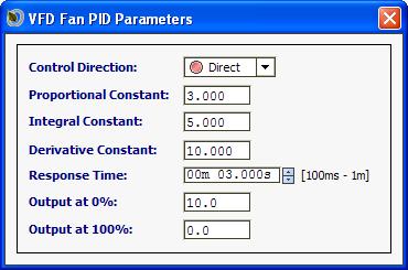 Figure 41. VFD Fan PID Values Cntrl Directin Direct = increase n rise in cntrlled sensr. Reverse = increase n drp in cntrlled sensr. Discharge Pressure cntrl is Direct.