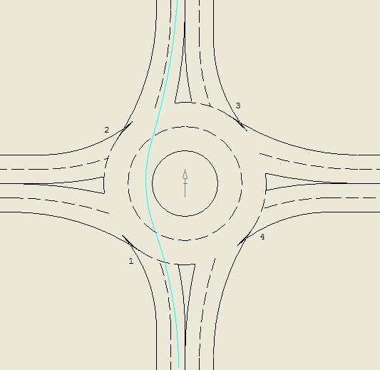 Figure 10 Example Showing the Absolute Minimum Central Island Radius of 8m for a Two Lane Roundabout where the Desired Driver Speed on the Fastest Leg Prior to the Approach is 50km/h (Vehicle Path