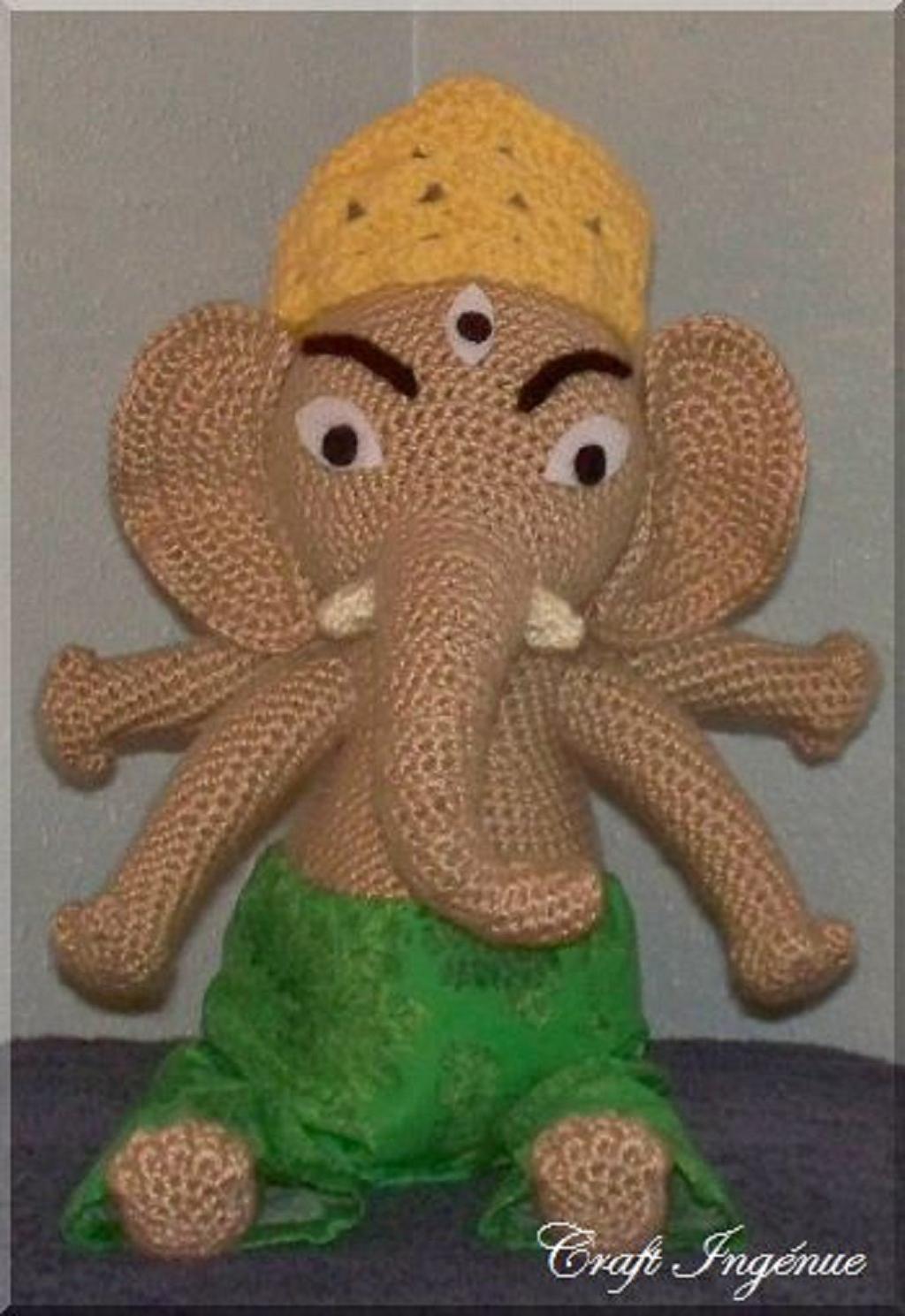Bengali Babees Ganesh When crocheted with yarn and hook specified, Ganesh measures 14 inches L, 13 inches around the belly, and a sitting height of 10 inches.