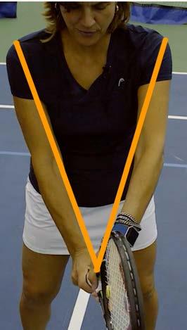 The First V is formed with both arms extended in front of you with the connection point being the racquet. The Second V is formed by your racquet and the arm you are holding it with.