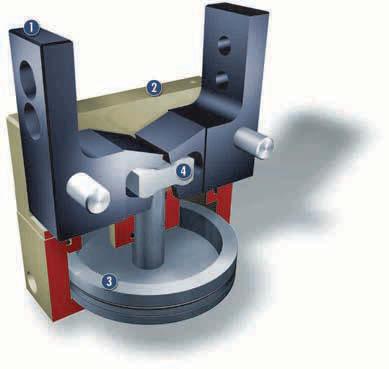 PWG-S Sectional diagram Gripper jaws for the adaptation of workpiece-specific gripper fingers Drive pneumatic piston for actuation Kinematics lever mechanism for synchronized gripping Housing