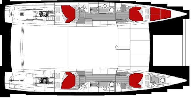 Guest Cabins Midship, Port & Starboard hull Cabin accessed from Main Saloon via passageway Large ocean view window King size bed (1.80m x 2.
