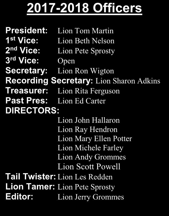 Open Secretary: Lion Ron Wigton Recording Secretary: Lion Sharon Adkins Treasurer: Lion Rita Ferguson Past Pres: Lion Ed Carter DIRECTORS: