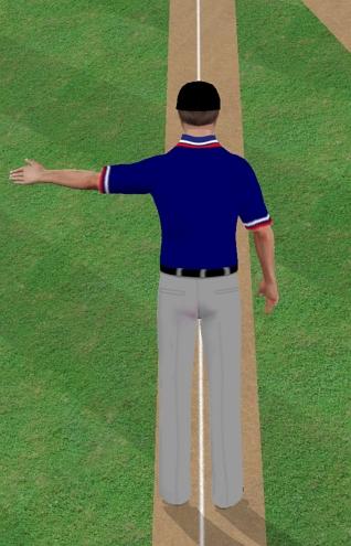 FAIR BALL Start from a standing position with your feet straddling the foul line With your arm fully extended shoulder high, point with the thumb tucked in and the index finger extended point