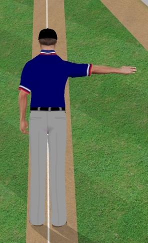 (Not a fistbut open and flat) (See Figure 1) Then with your arm fully extended shoulder high, point with the thumb tucked in and the index finger extended point into foul territory (See Figure