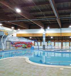 8 Metres Deep in Deep End Lane Swims Female Only Programs (Swims and Lessons) Brampton Lifesaving Club Warm water leisure pool with water features 2 storey water slide Hot tub and Sauna