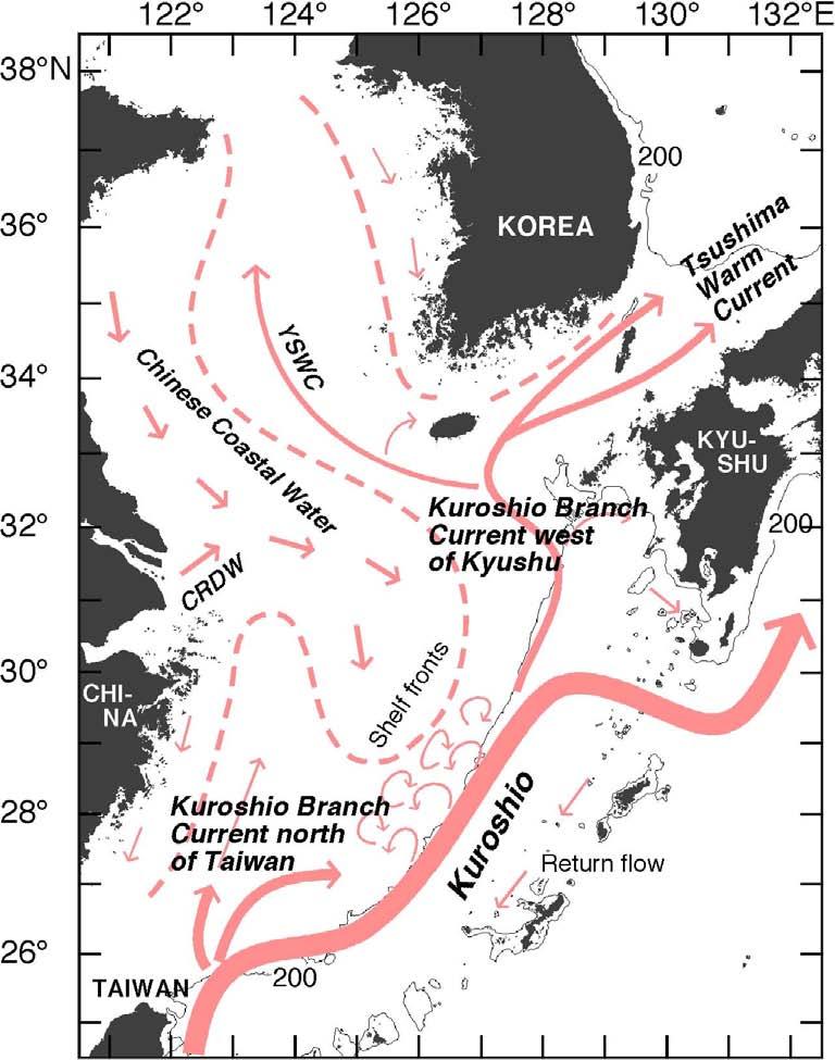 The following current systems in the East China Sea (1) Kuroshio (2) Kuroshio Branch Current north of Taiwan (3)