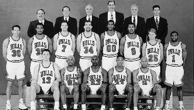 1996-1997 CHICAGO BULLS Left to right: (front row): Luc Longley, Dennis Rodman, Michael Jordan, Scottie Pippen, Ron Harper.