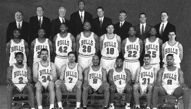 1998-1999 CHICAGO BULLS Left to right: (front row): Mark Bryant, Bill Wennington, Toni Kukoc, Ron Harper, Randy Brown, Brent Barry, Dickey Simpkins.