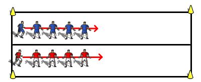 The coach can use calls of head, toes etc to force the player to touch body parts or jog, jump, spin to force actions. Two teams. Each team try to be the first to reach the finish line.