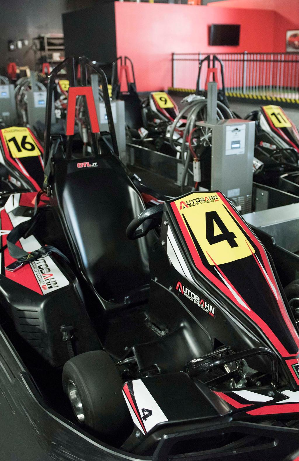 UP TO 50 MPH State of the art Italian-made, 3rd-generation Electric Karts Professional four-point safety racing harness Transponders on all karts allow for slow-down or full stop