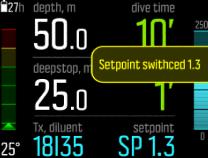 3.25.3. Setpoints Your cutom rebreather dive mode has two setpoint values, low and high. Both are configurable: Low setpoint: 0.4 0.9 (default: 0.7) High setpoint: 1.0 1.6 (default: 1.