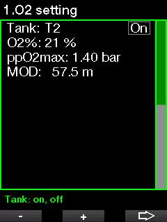 T1 is always the default gas at the start of the dive. Tank 2 through 8 values can be adjusted the same way as Tank 1. 2.1.3 Trimix If trimix is enabled the O 2 setting will appear as follows.