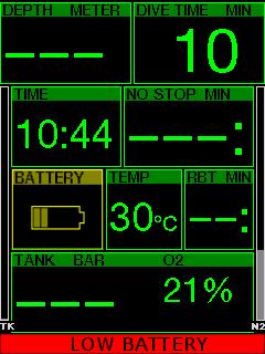 3.8 Display information During the dive, the G2C alerts you of precarious battery situations in two ways: 1. By displaying a battery symbol with a background warning color on the screen. 2.