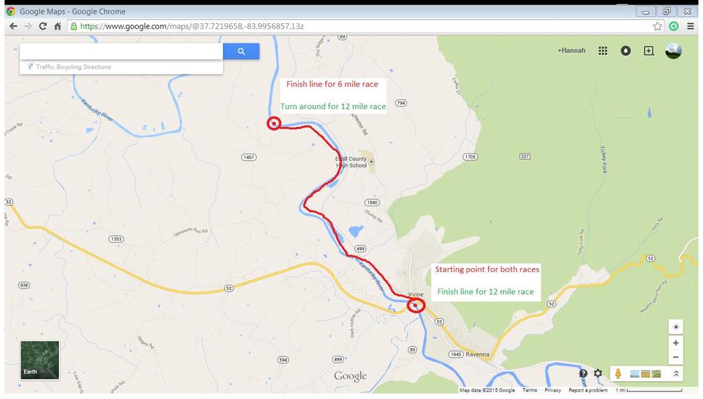 Map of the Speedy Spore River Run: Directions to Irvine: - From I-75: Take Exit 90-A (Richmond/Irvine). Follow US 421 (Martin Bypass) 4 miles to KY 52 east (traffic light 13).
