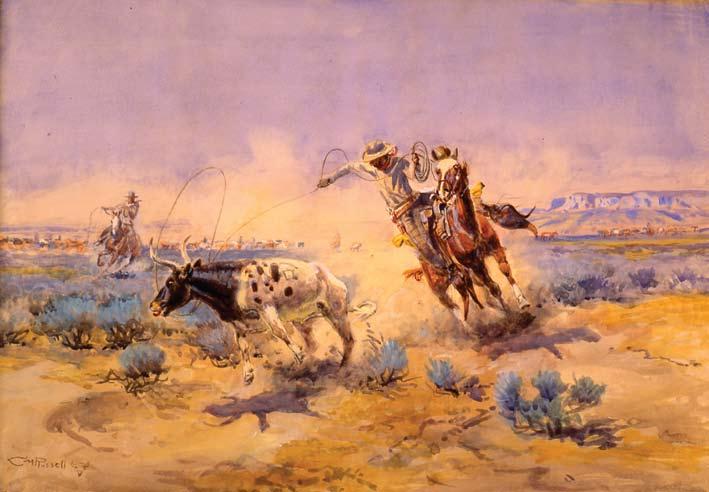 "Cowboys from the Quarter Circle Box," a painting by Charles M. Russell, courtesy of the Woolaroc Museum in Bartlesville, Oklahoma. story was to become one of the classics of Western history.