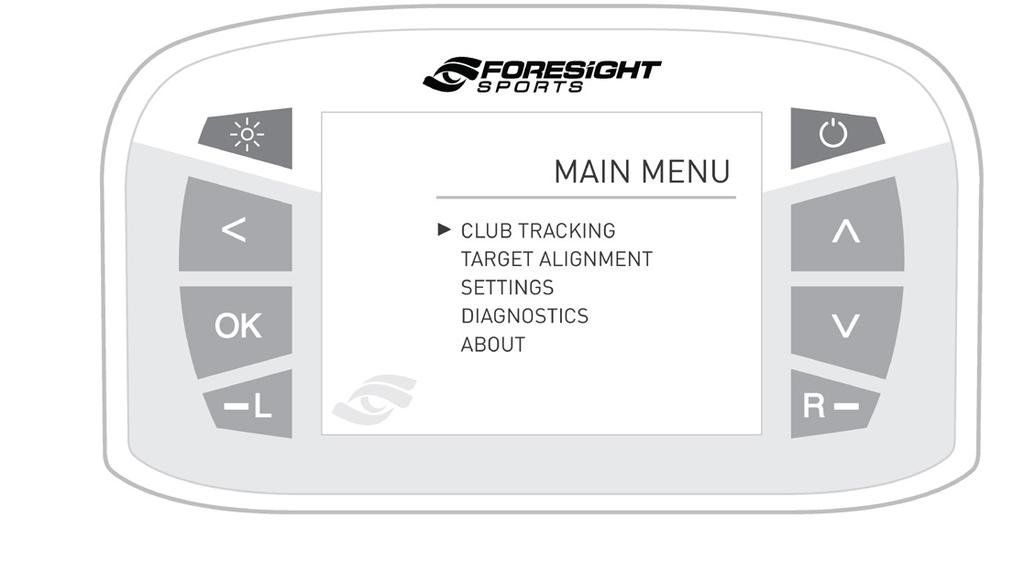 The Main Menu consists of 5 options: Club Tracking, Target Alignment, Settings, Diagnostics, and