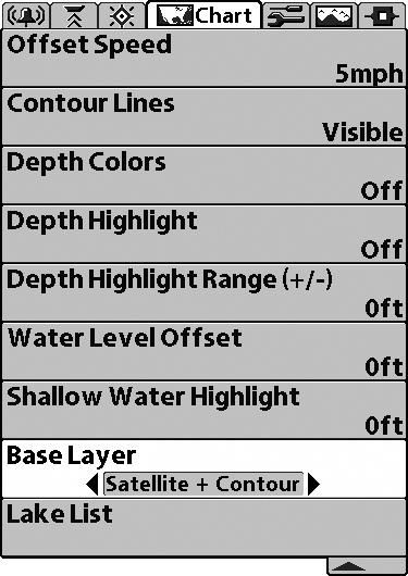 Chart Menu Tab Selecting a Base Layer for each Window of the Chart/Chart Combo View (1100 Series, LakeMaster PLUS) Navigation X-Press Menu The right window menu options are located