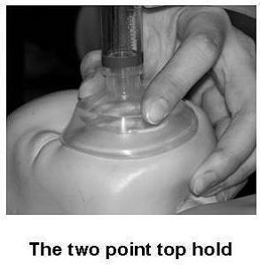 Holding the mask in place using the two point top hold Apply evenly balanced downward pressure onto the mask using the thumb and index finger positioned toward the outer edge of the flat area of the