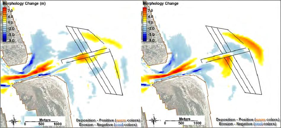 ERDC/CHL TR-12-14 42 Figure 38. Final ebb-tidal delta morphology change with the dredge design template overlaying the a) 2003 existing bathymetry and b) 2003 filled bathymetry. Table 9.