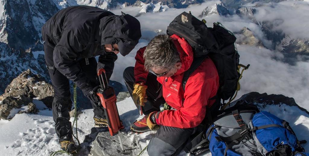 Phase one involved the installation of small metal anchors near the tops of Barre des Écrins, Pic Lory and Dôme de Neige; these stainless steel rods each 20 mm (0.