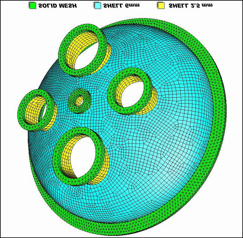 Fig 3.10: FEA model of the end cover. Blue and yellow elements are 2D shells with thickness of respectively 2.5 and 6 mm; green areas are 3D solid elements. 3.4 FEA results for the end cover The results are presented in a similar way as in section 3.