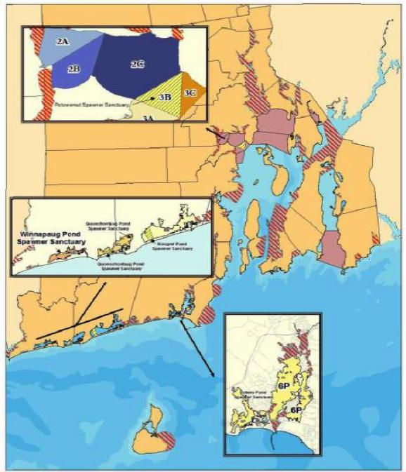 Figure 3 The red shaded areas represent the Shellfish Management Areas in Rhode Island, the yellow shaded areas represent quahog spawner sanctuaries, and the red-striped areas represent shellfish