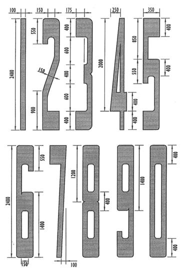 [M8-1 - Numbers for road markings NOTES: 1. Where shown, corners can be rounded to nominal 75mm radius. 2. Except where shown otherwise, width of vertical and near vertical strokes is 100mm. 3.