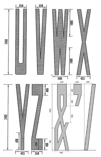 [M8-2 - Letters for road markings U to Z, &, apostrophe and / NOTES: 1. Where shown, corners should be rounded to nominal 75mm radius. 2. Width of vertical and near vertical strokes is 100mm. 3.