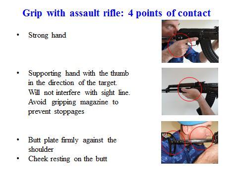 34 Grip should be 60 percent support hand and 40 percent strong hand. When applied properly; wrist of the support hand will be over the wrist of strong hand.