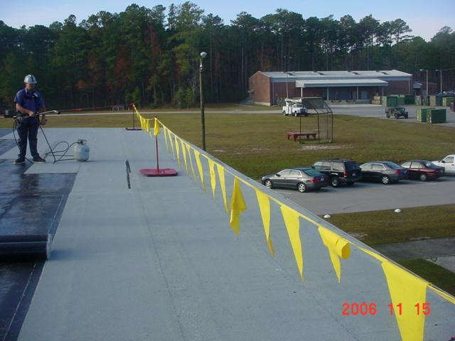 WARNING LINE SYSTEM A barrier erected on a roof to warn workers that they are approaching an unprotected side or edge Consists of rope, wires or chains 34-39 inches high, flagged every 6 feet, with