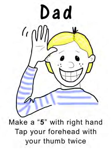 Dad going Make a "5" with your hand Tap your forehead with your thumb twice Open your hand on one side and pull it