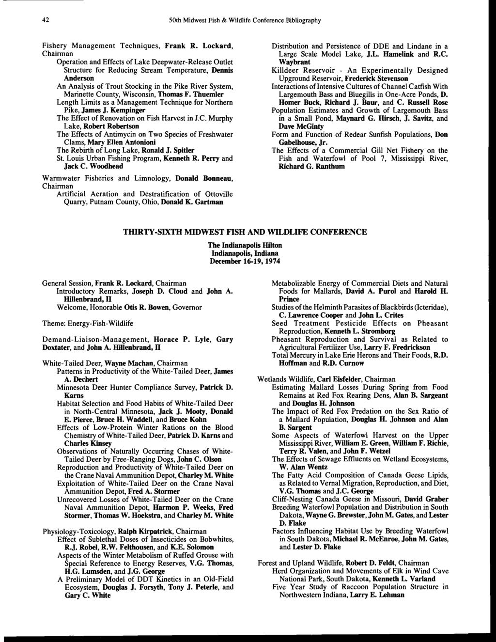 42 50th Midwest Fish & Wildlife Conference Bibliography Fishery Management Techniques, Frank R.
