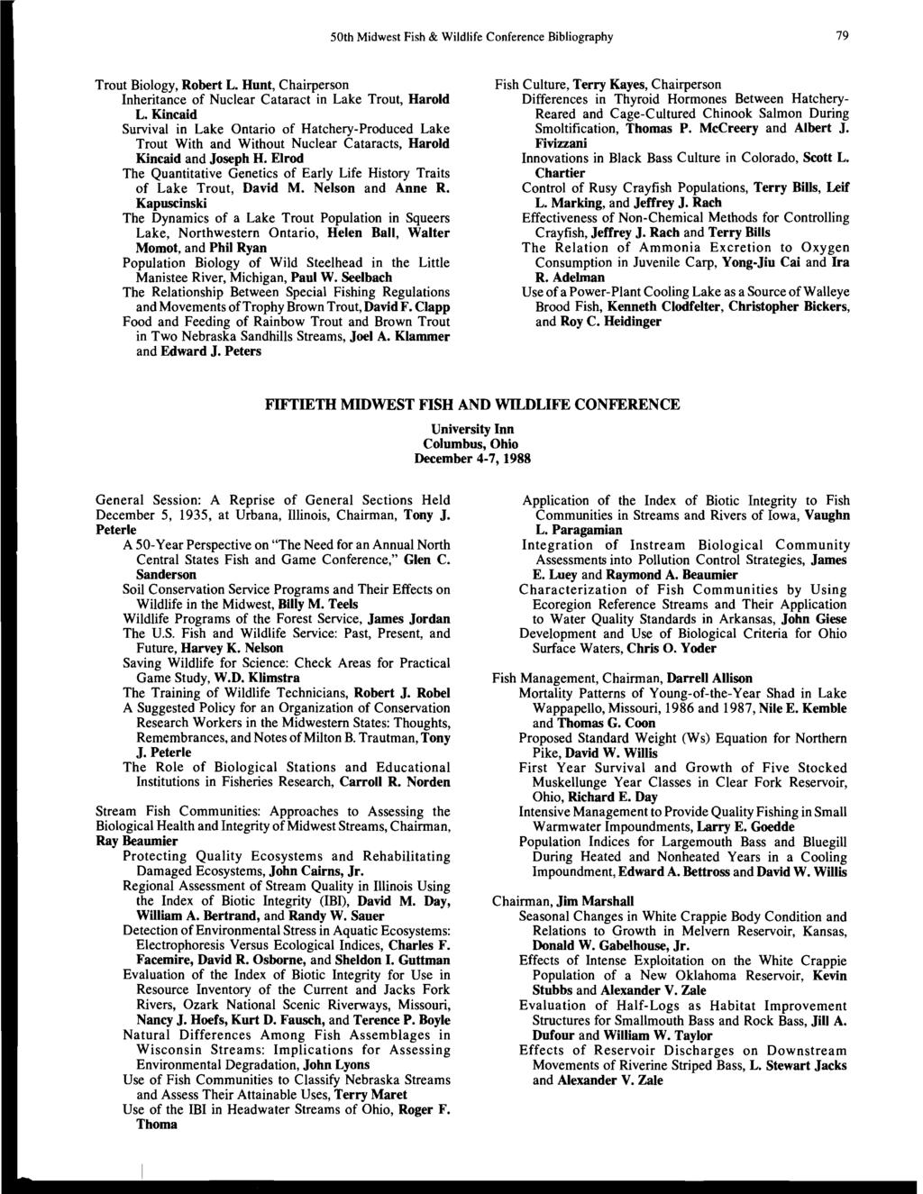 50th Midwest Fish & Wildlife Conference Bibliography 79 Trout Biology,Robert L.