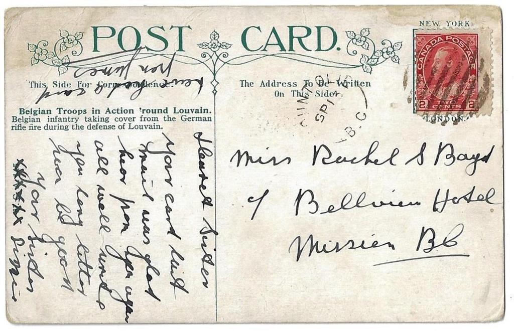 Item 272-21 Mount Olie BC (RF D) c1920, 2 Admiral tied by grid cancel from Mount Olie BC on postcard to Mission. (1910-1935). $75.