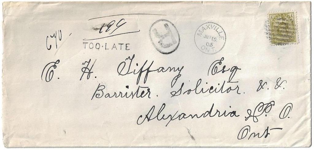 Item 272-25 7 registered, Quebec RPO 1905, 7 Edward tied by grid cancel on cover from Maxville Ont
