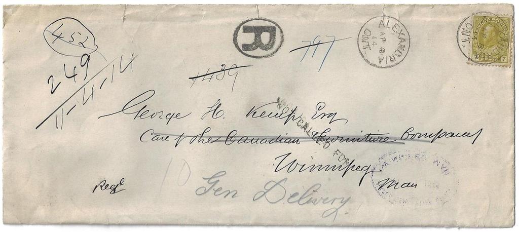 Item 272-29 Alexandria Ont to Winnipeg DLO 1914, 7 Edward tied by Alexandria Ont cds on cover paying 7 registered letter