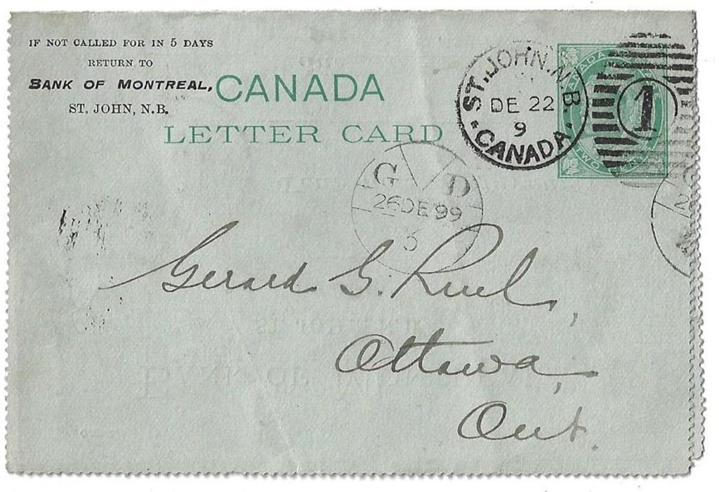 Item 272-06 An early general delivery G D - 1899, 2 letter card with pre-printed Bank of