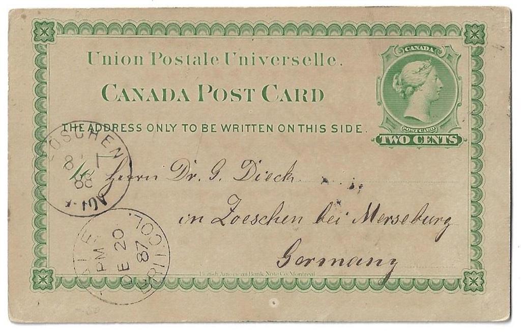 Item 272-11 Yale BC 1887, 2 UPU card from Yale Brit Col paying 2 UPU postcard rate to Germany.