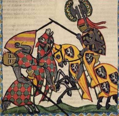 Manesse Codex, 1305-1340 Both riders wear surcoats which match their horses caparisons.