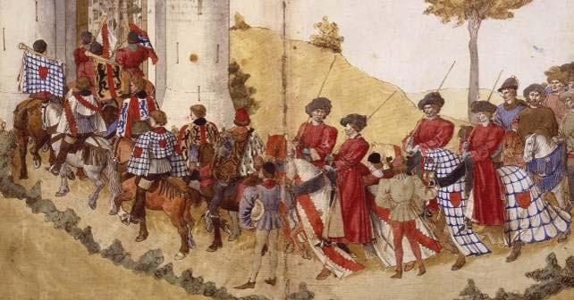 Livre des Tournois, René d'anjou, circa 1460 The judges of the tournament enter the town with their heralds and their horses decked out in heraldic coverings.