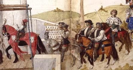 Livre des Tournois, René d'anjou, circa 1460 the destrier of the prince ought to enter the city first, covered with the device of the captain, and with four escutcheons of the captain's arms on the