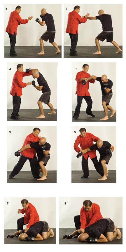 William Cheung (left) faces his opponent, Eric Oram, in a side neutral stance (1). Oram throws a left jab toward Cheung s right side, causing Cheung to counter with a right palm strike (2).