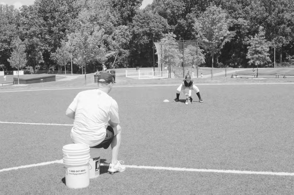 Rolled Ground Balls To help infielders become comfortable with the proper mechanics of fielding a ground ball; verbal cue: wide base, butt down, hands out in front A bucket of balls and a coach to