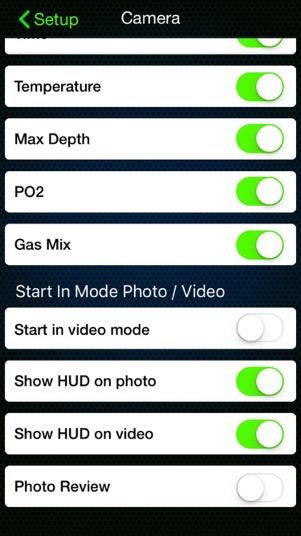 Go to Setup Camera to activate / deactivate HUD information on your photos and videos. If you like to have the video mode as a default screen underwater, then activate the Start in video mode option.