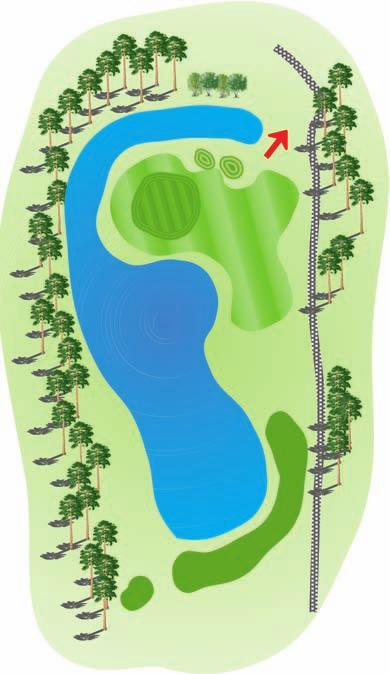 9 Length: 155 135 110 Par: 3 3 3 S.I.: 11 11 11 Fantastic par 3, this is a semi island green, water _ of the way around it. So water, water is every where!! A mid iron is needed.