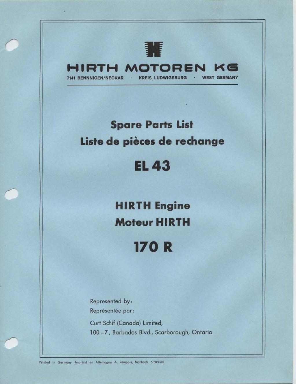 HRTH MCTOREN ~Ei 7141 BENNNGEN/NECKAR KRES LUDWGSBURG WEST GERMANY Spare Parts List Liste de pieces de rechange EL43 HRTH Engine Moteur HRTH 170 R Represented